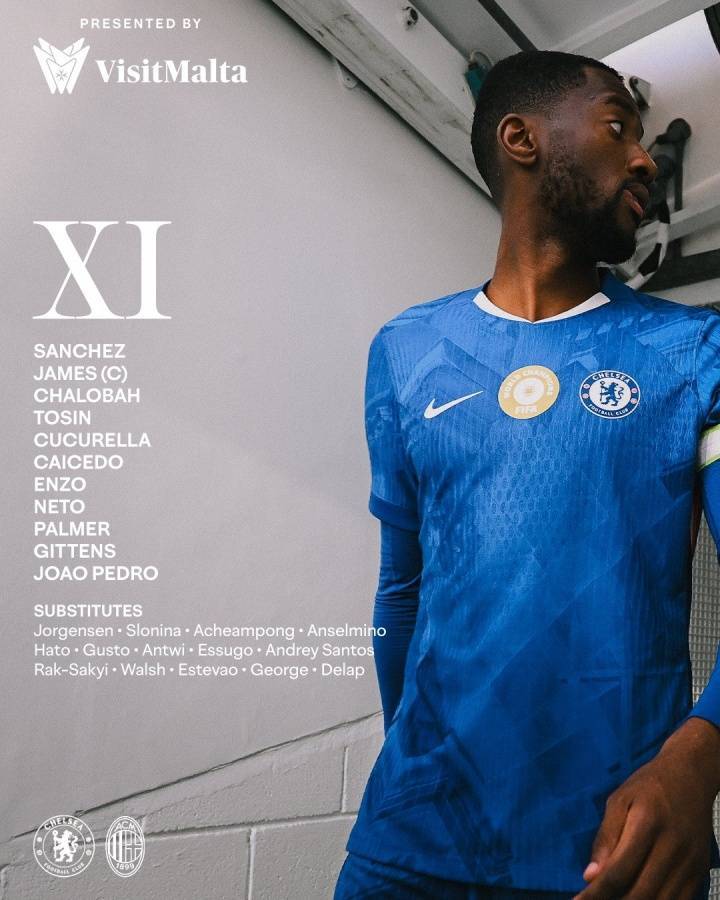 切尔西vs米兰首发：帕尔默、吉滕斯先发，佩德罗、内托登场